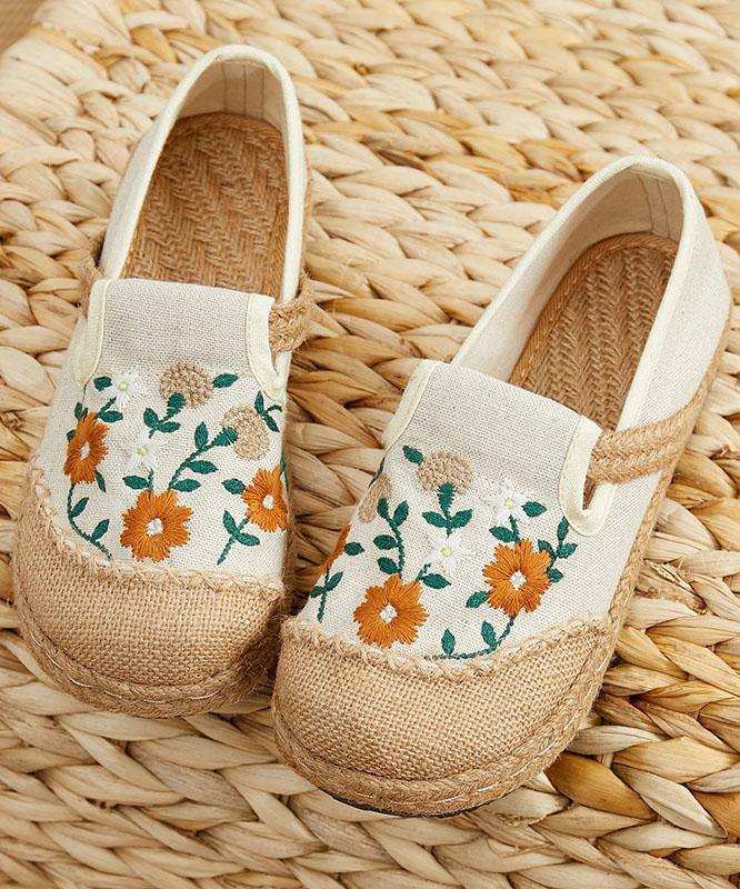 Beige Embroidered Linen Fabric Flats