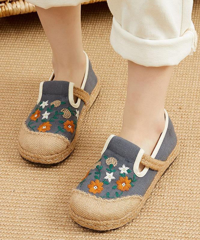 Beige Embroidered Linen Fabric Flats