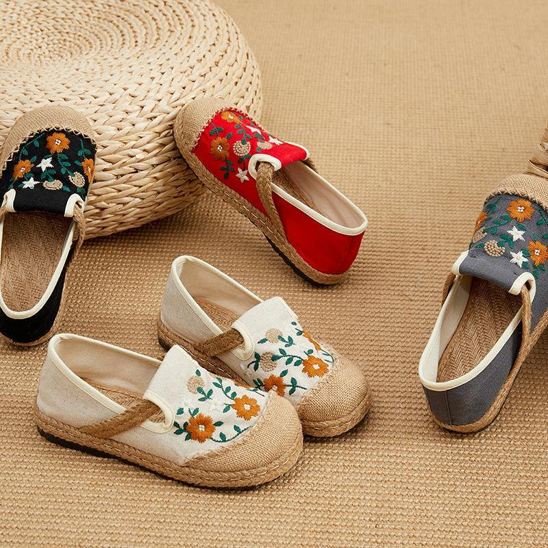 Beige Embroidered Linen Fabric Flats