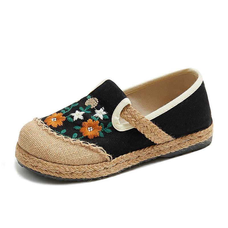 Beige Embroidered Linen Fabric Flats