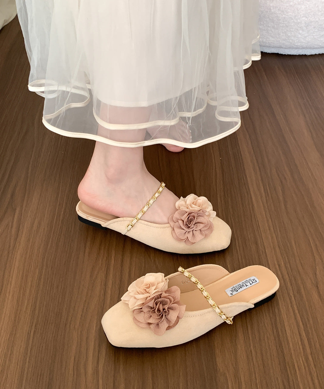 Beige Floral Suede New Retro Splicing Slide Sandals