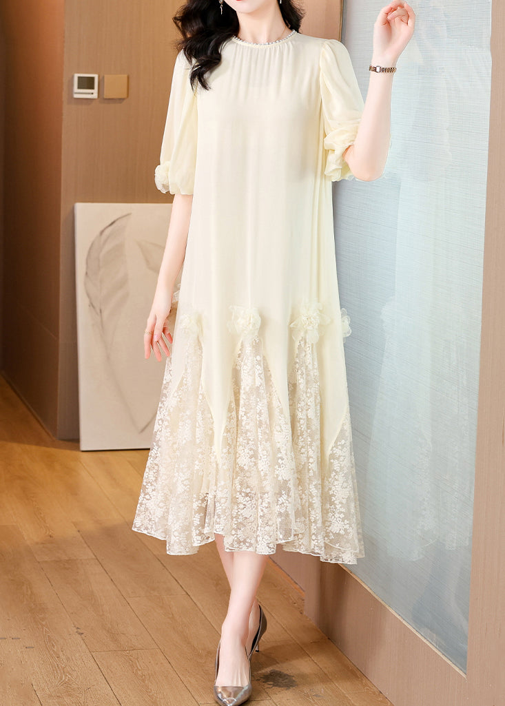 Beige FloralLace Patchwork Long Dresses O-Neck Summer