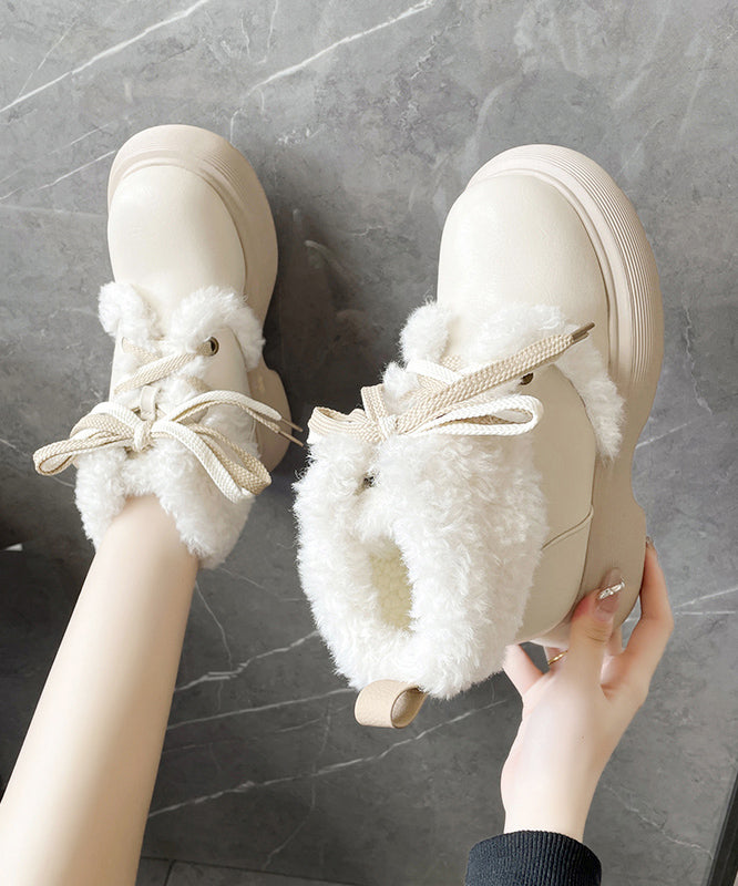 Beige Fuzzy Wool Lined Lace Up Splicing Platform Boots