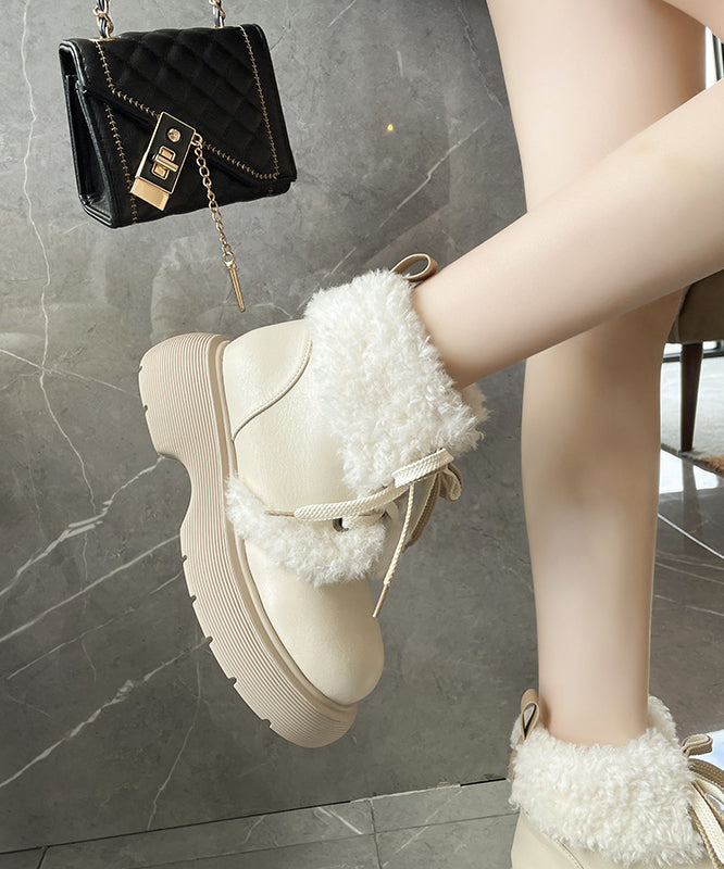 Beige Fuzzy Wool Lined Lace Up Splicing Platform Boots