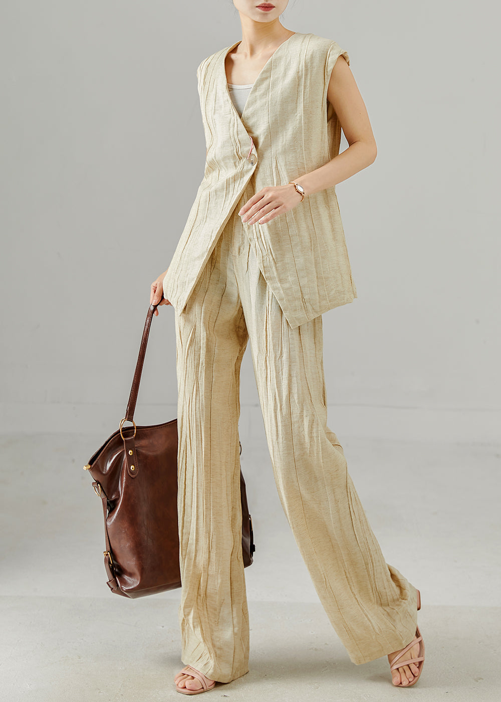 Beige Linen Two Piece Suit Set Asymmetrical Wrinkled Summer