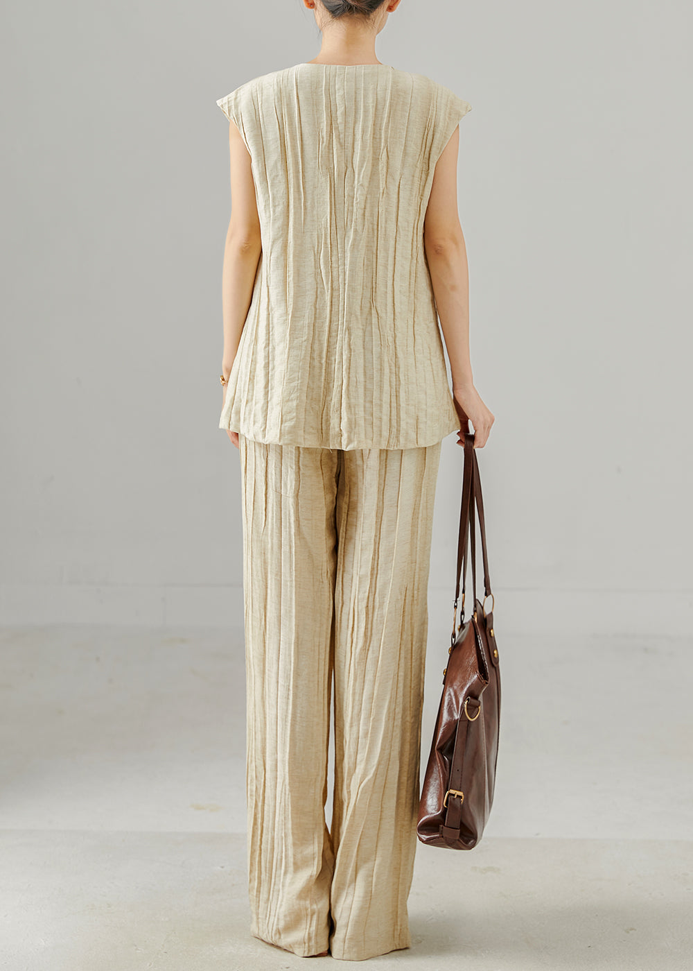 Beige Linen Two Piece Suit Set Asymmetrical Wrinkled Summer