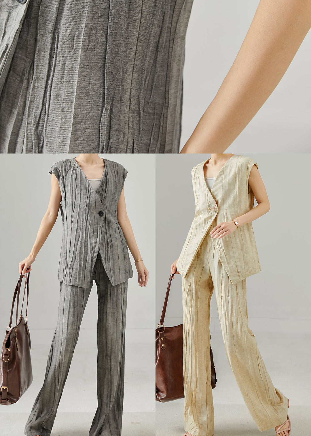 Beige Linen Two Piece Suit Set Asymmetrical Wrinkled Summer