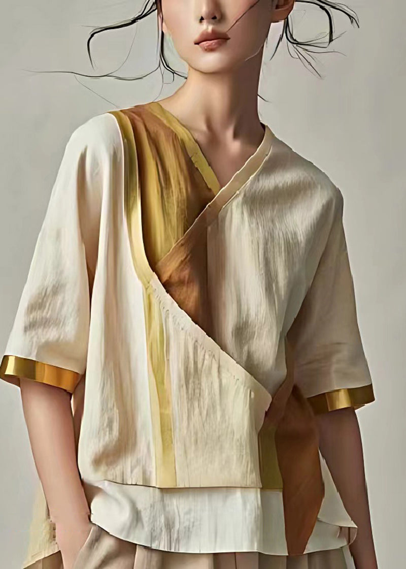 Beige Patchwork Linen Shirt Tops Asymmetrical Summer