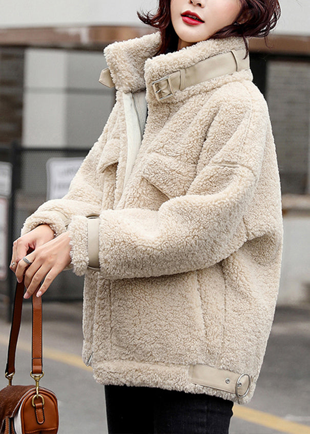 Beige Pockets Patchwork Teddy Faux Fur Coats Stand Collar Winter