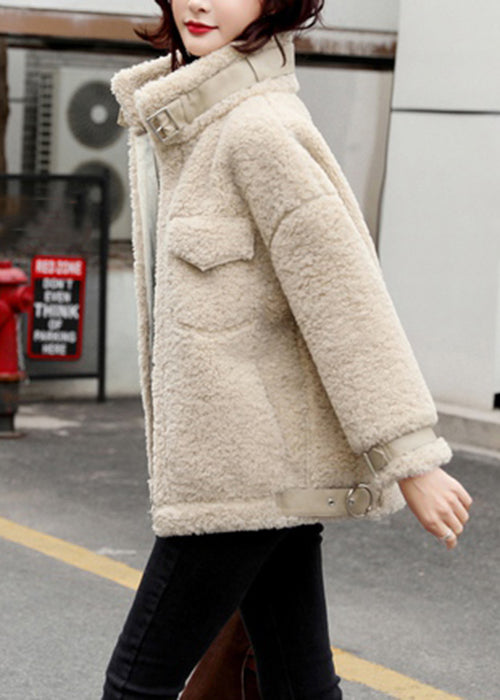 Beige Pockets Patchwork Teddy Faux Fur Coats Stand Collar Winter