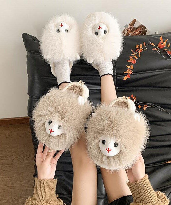 Beige Slippers Shoes Fuzzy Fur Fashion Splicing