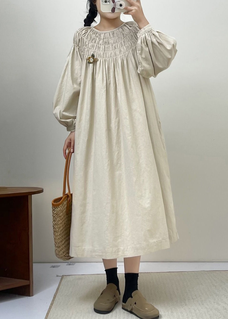 Beige Solid Cotton Dresses Lace Up Long Sleeve