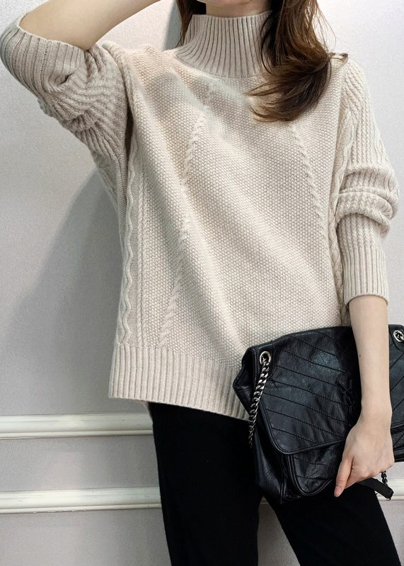 Beige Solid Cozy Knit Fall Sweaters Turtleneck