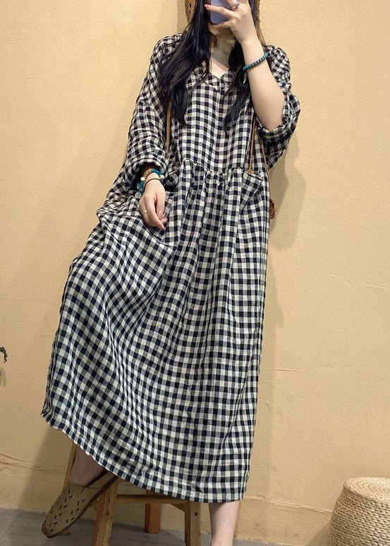 Big Plaid Pockets Linen Dress V Neck Long Sleeve