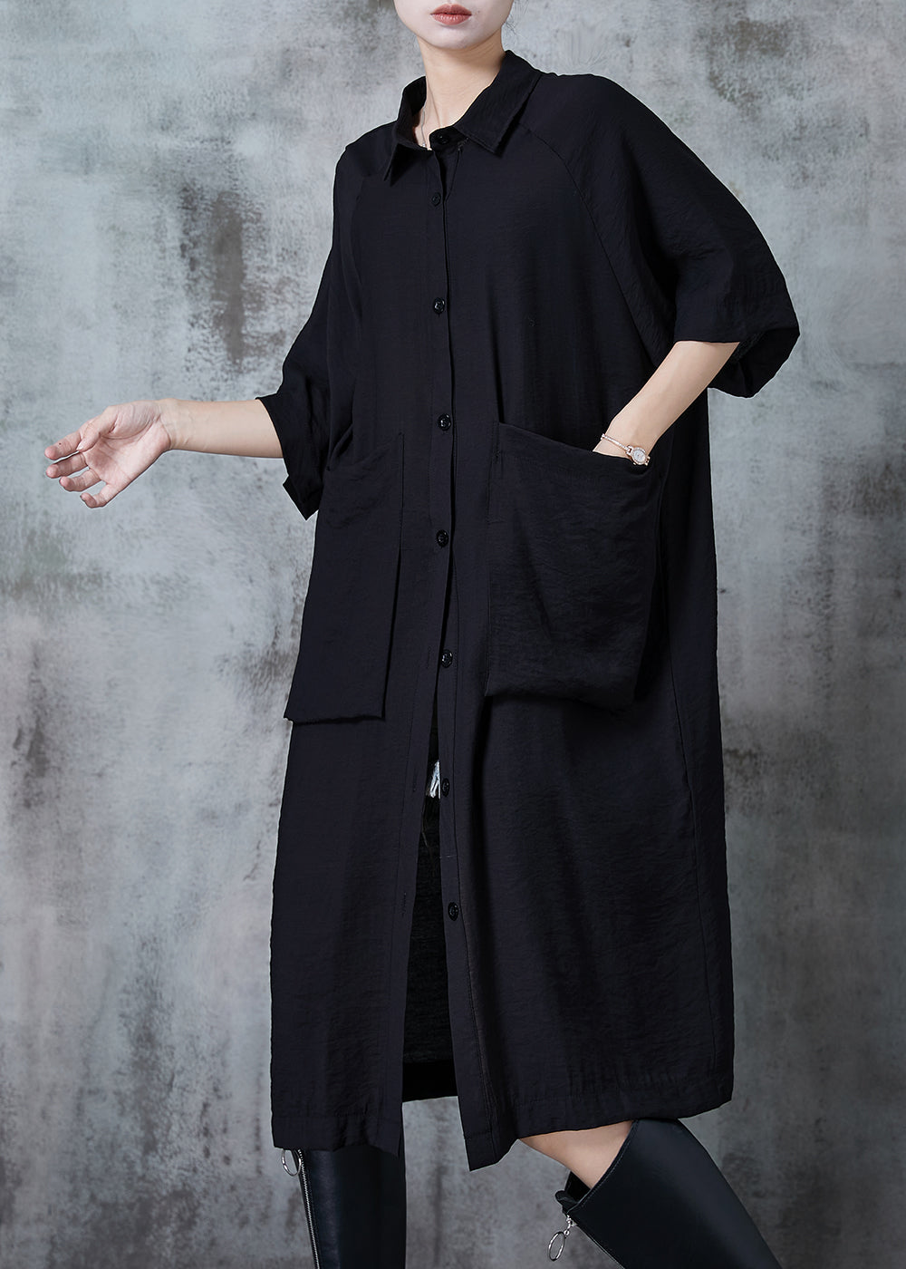 Black Big Pockets Linen Shirt Dress Oversized Summer