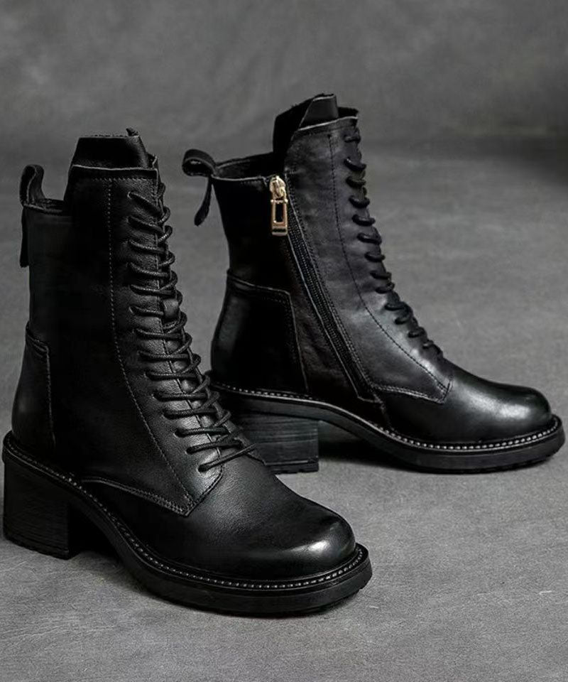 Black Biker Boots Chunky Zippered Cowhide Leather Casual Lace Up Boots