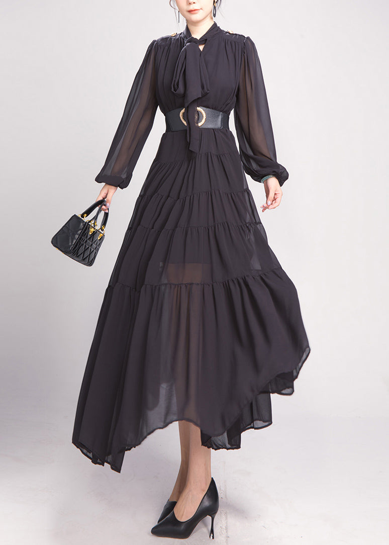 Black Bow Wrinkled Chiffon Maxi Dress Long Sleeve