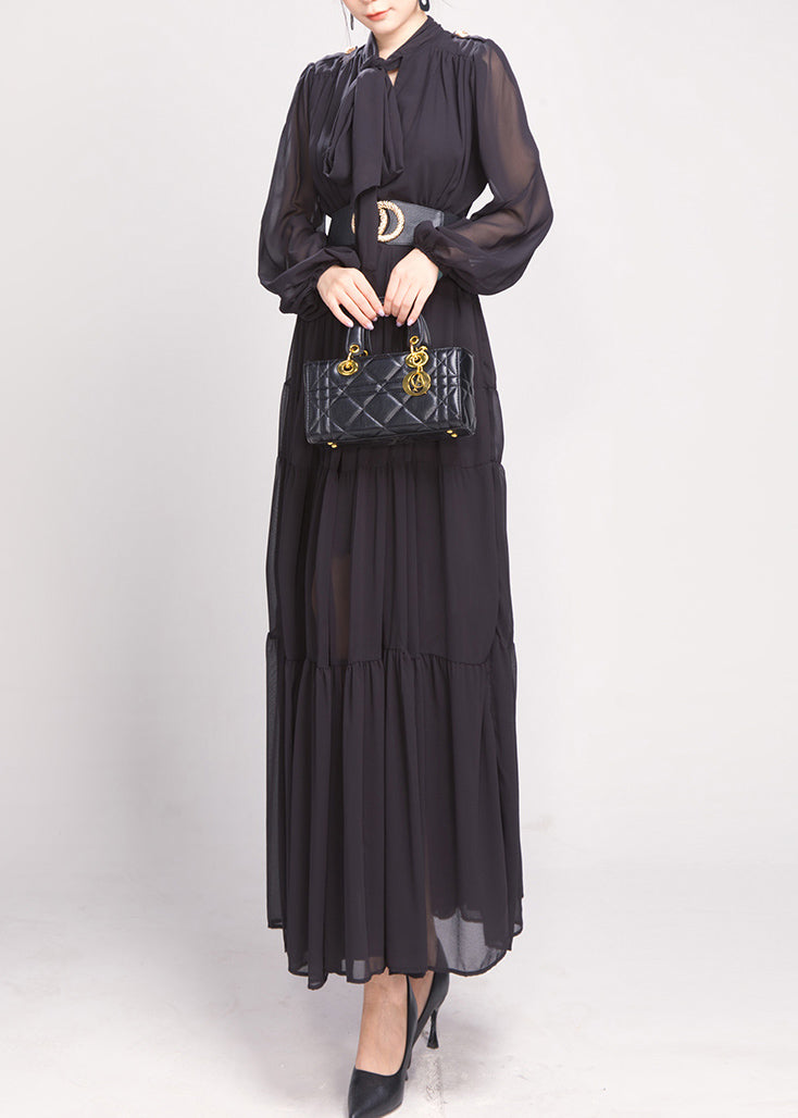 Black Bow Wrinkled Chiffon Maxi Dress Long Sleeve