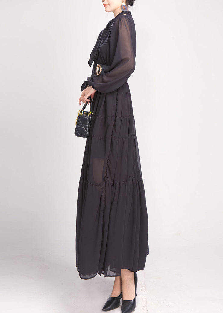 Black Bow Wrinkled Chiffon Maxi Dress Long Sleeve