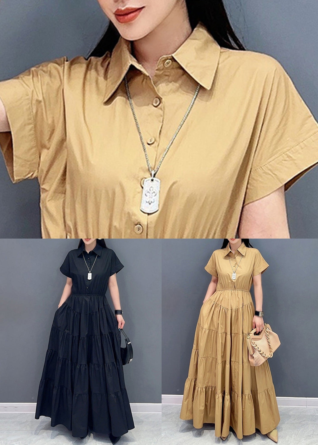 Black Button Cotton Maxi Dress Peter Pan Collar Short Sleeve