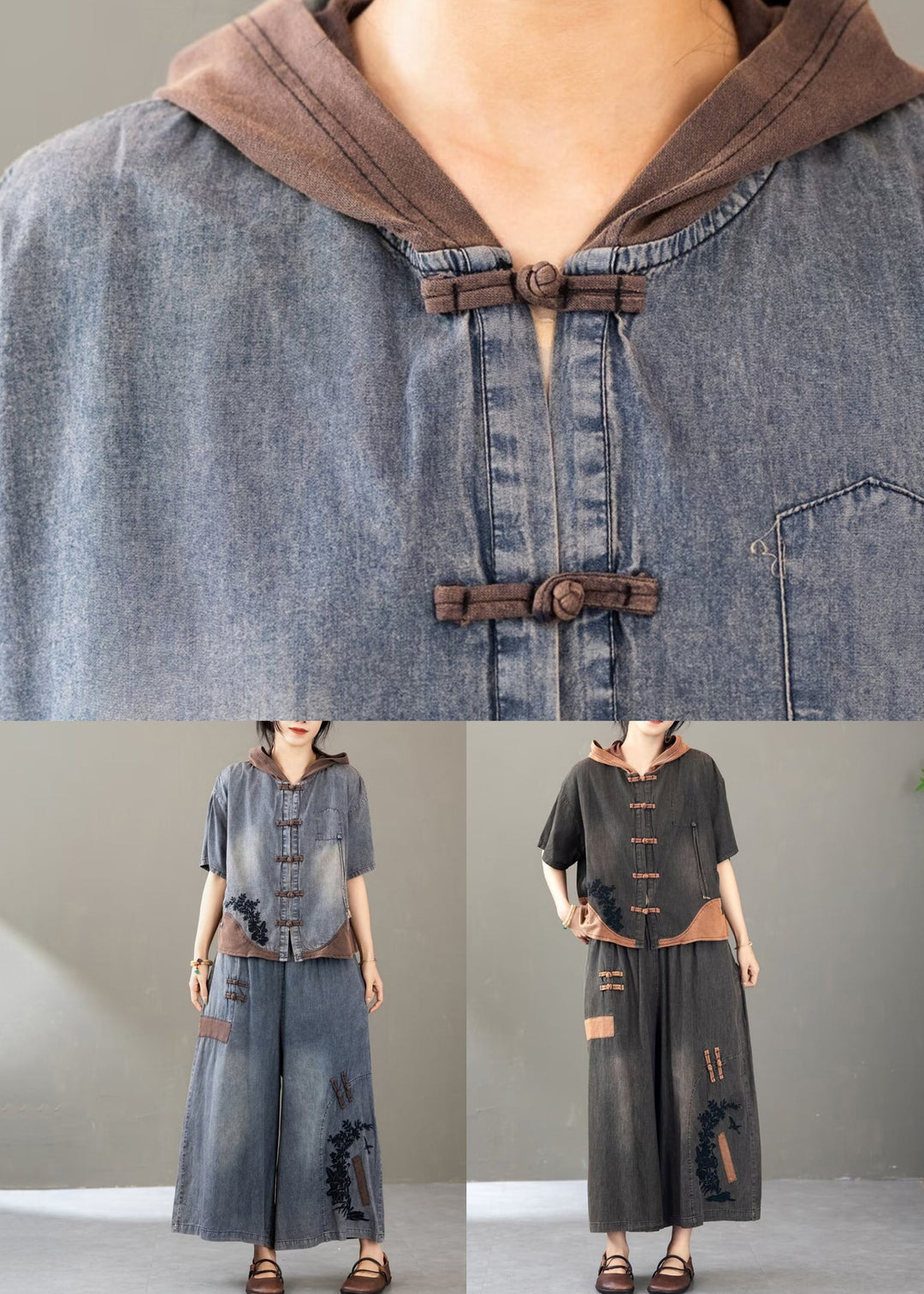 Black Button Pockets Denim Two Piece Set Clothing Hooded Short Sleeve