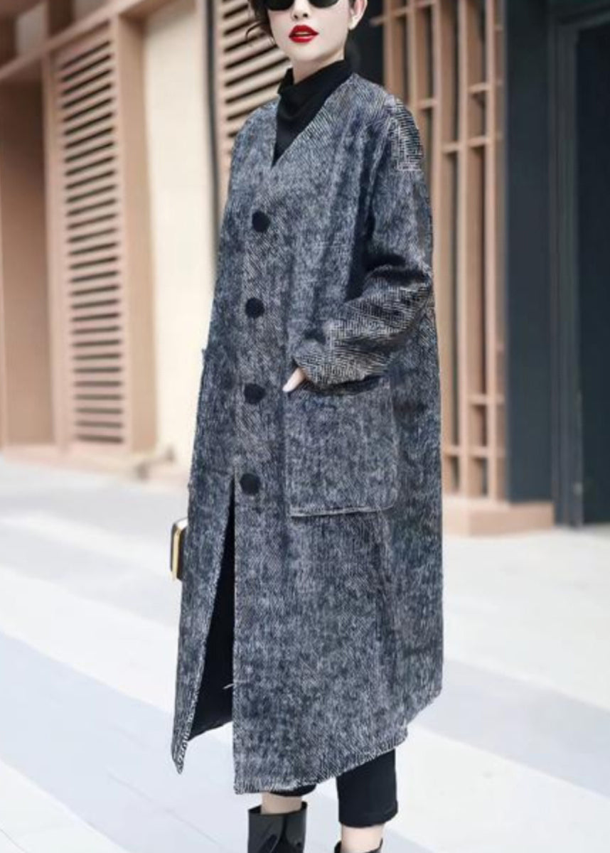 Black Button Pockets Woolen Long Coat V Neck Winter