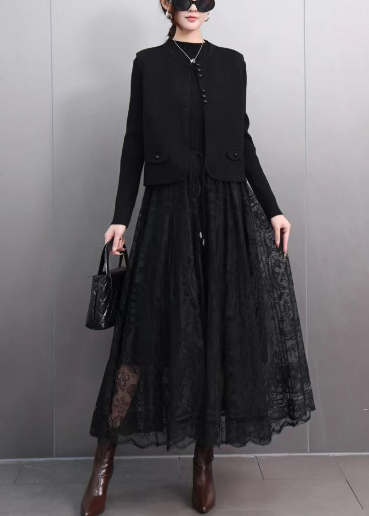 Black Button Waistcoat And A Line Skirts Lace Two Pieces Set Spring