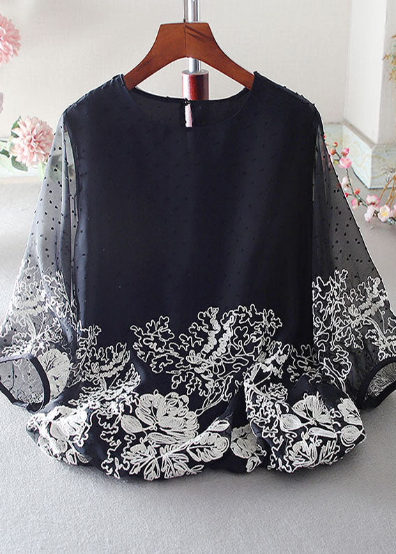 Black Chiffon Blouses Embroidered Bracelet Sleeve