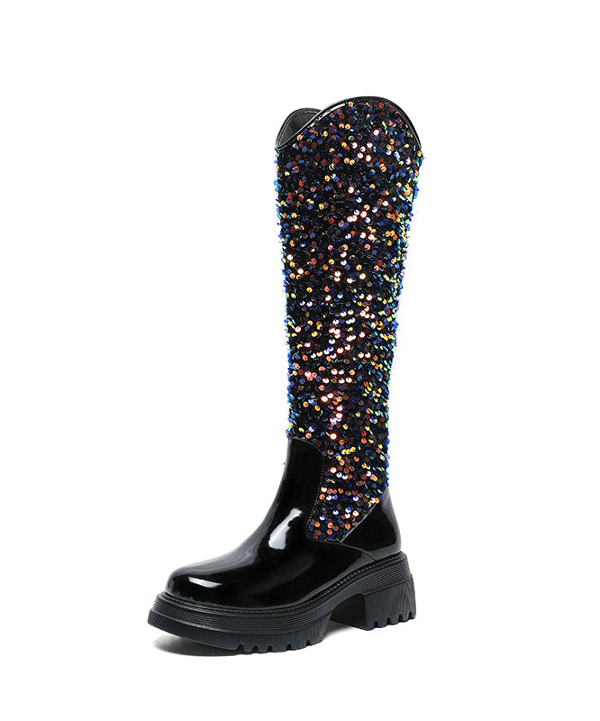 Black Chunky Faux Leather Stylish Splicing Sequins Boots