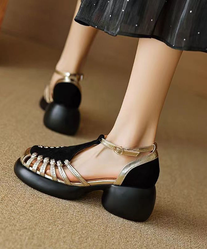 Black Chunky Suede Comfy Splicing Hollow Out Sandals