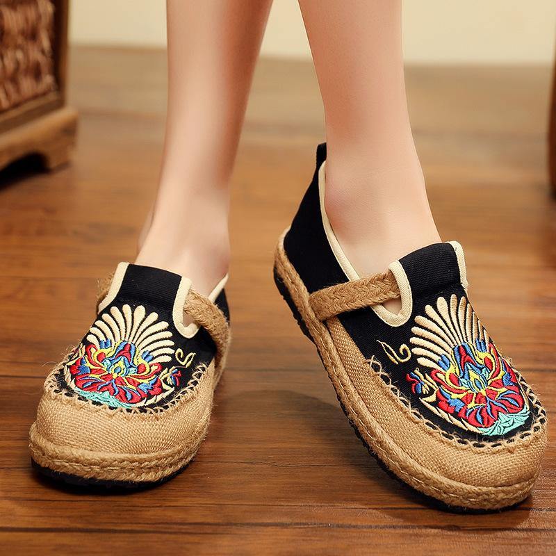 Black Cotton Linen Embroidered Fabric Flat Feet Shoes Splicing Flats