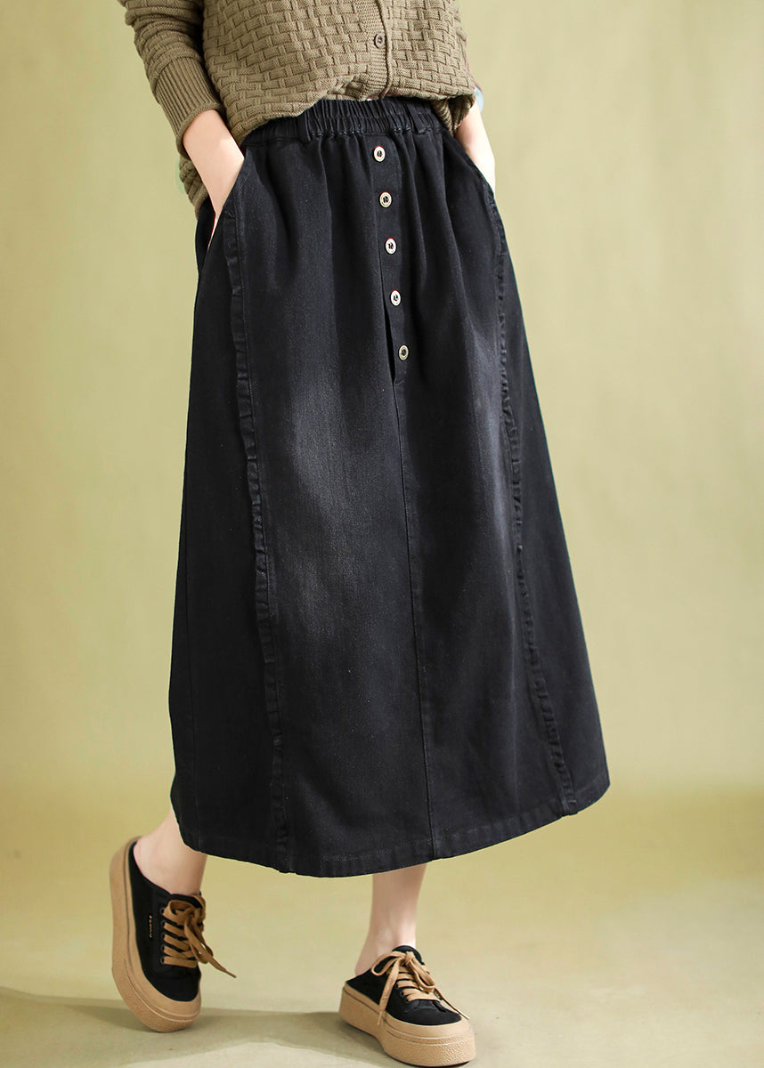 Black Denim Holiday Skirts Elastic Waist Ruffled Spring