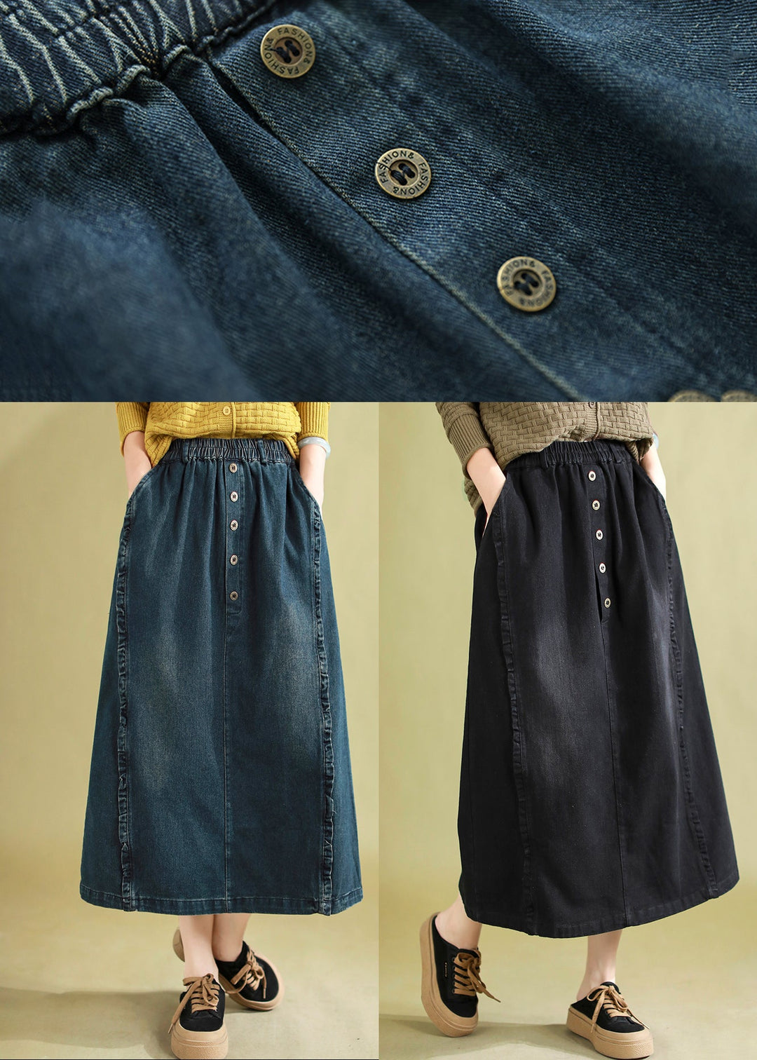 Black Denim Holiday Skirts Elastic Waist Ruffled Spring