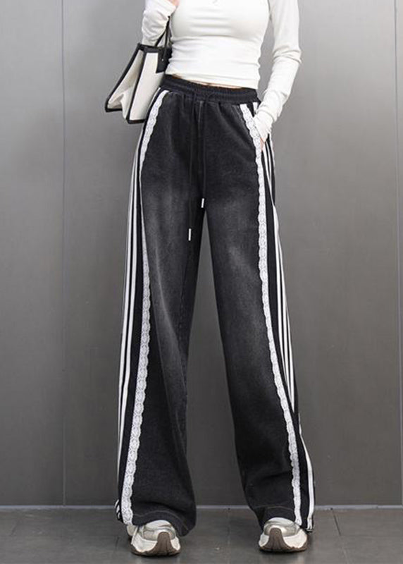 Black Elastic Waist Tie Waist Straight Denim Pants