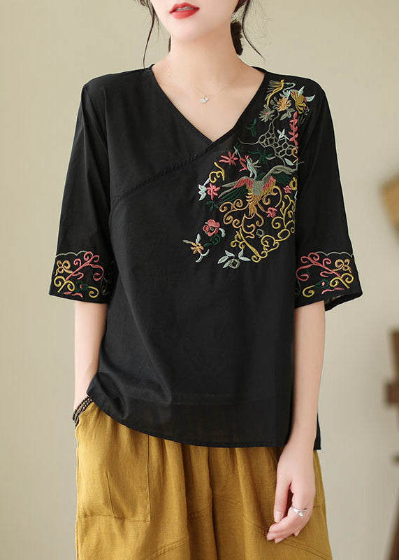 Black Embroidered Cotton Blouses V Neck Half Sleeve