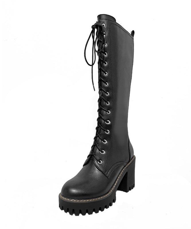 Black Fashion Cross Strap Zippered Splicing Chunky Boots