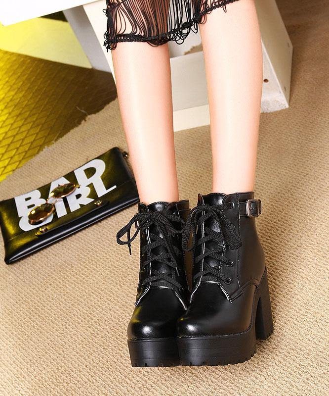 Black Faux Leather Boots Cross Strap Chunky Heel