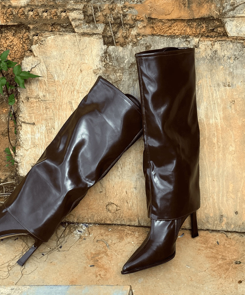 Black Faux Leather Stiletto Heels Boots Fashion Splicing