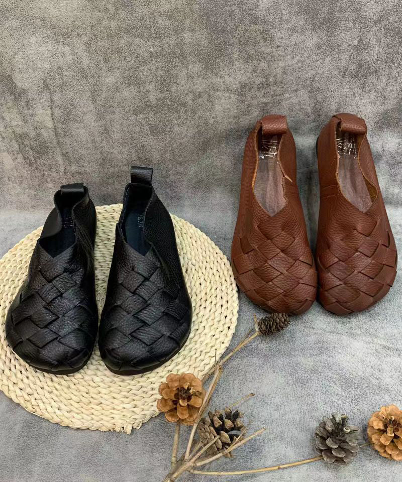 Black Flat Shoes For Women Handmade Cowhide Leather Fitted Splicing