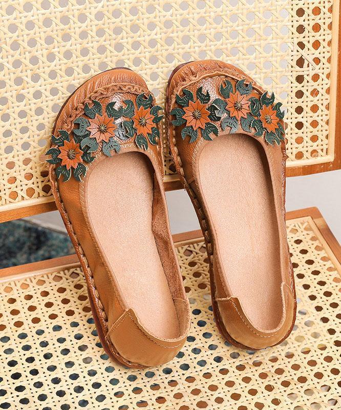 Black Floral Cowhide Leather Flats Splicing Flat Feet Shoes - SooLinen