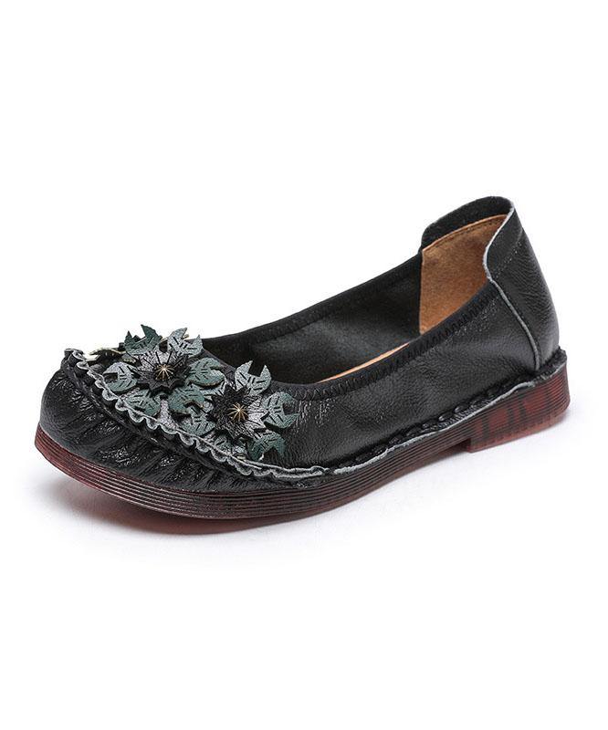 Black Floral Cowhide Leather Flats Splicing Flat Feet Shoes - SooLinen