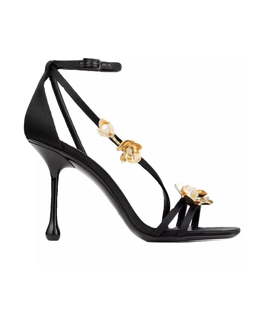 Black French Floral Decorated Splicing High Heel Sandals