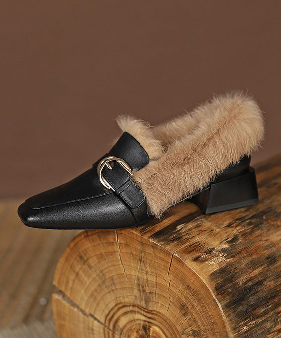 Black Fuzzy Wool Lined Splicing Cowhide Leather Chunky Loafers