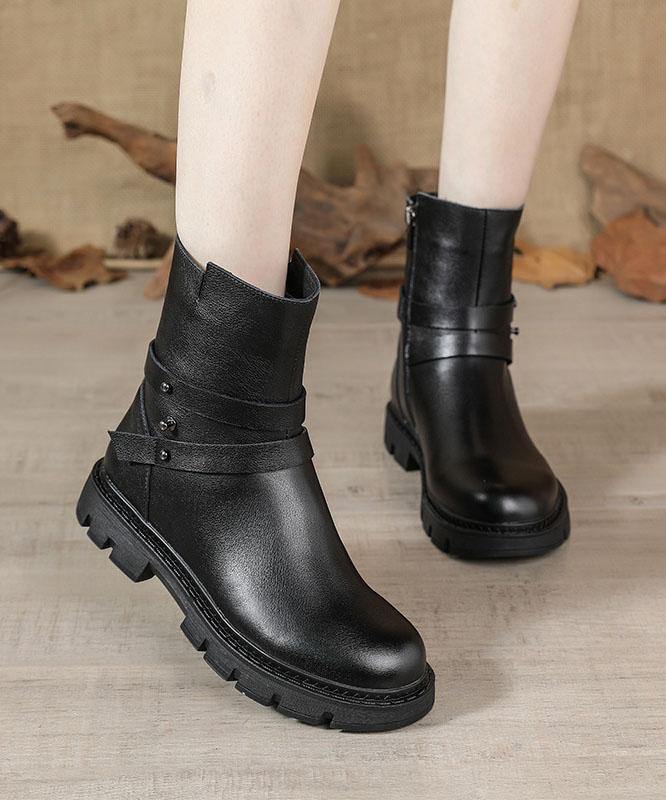 Black Genuine Leather Platform  flat boots - SooLinen