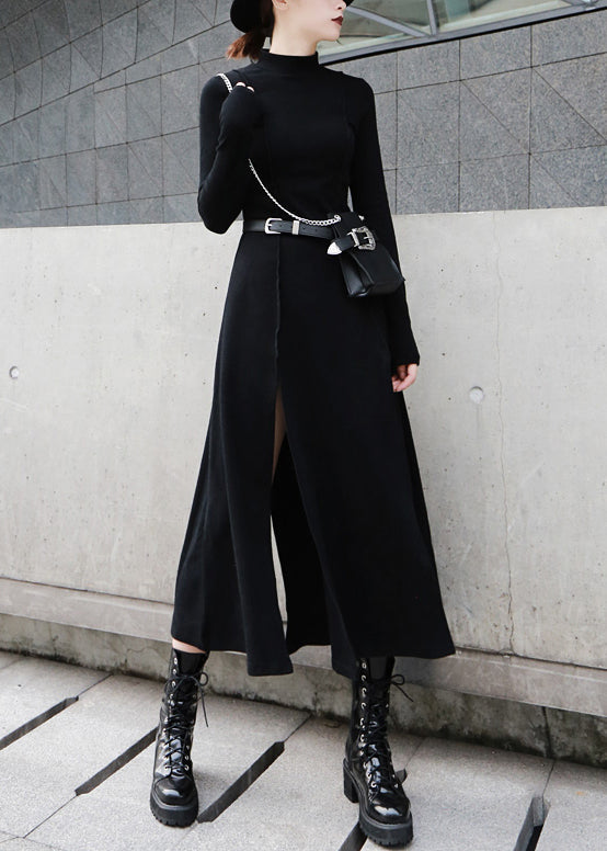 Black High Waist Cotton Long Dresses Side Open Spring