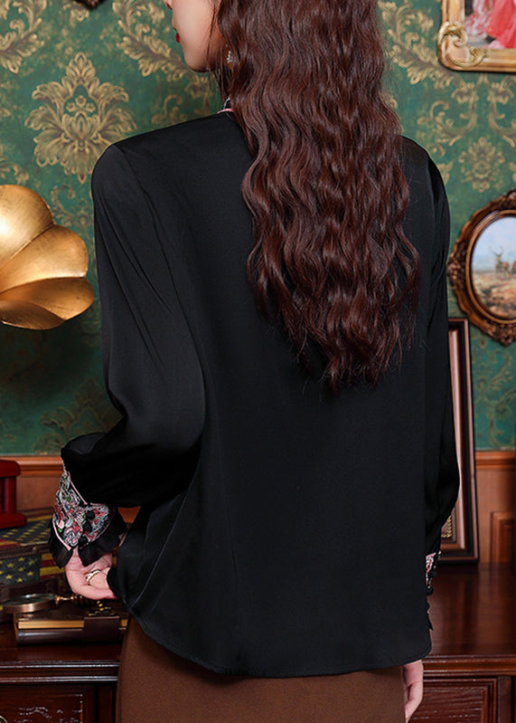 Black Hollow Out Button Silk Shirt Long Sleeve