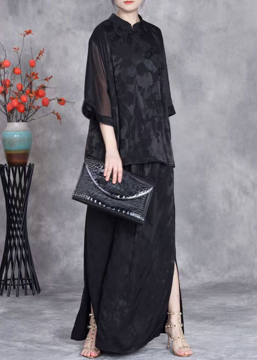 Black Jacquard Side Open Silk Two Piece Suit Set Stand Collar Half Sleeve