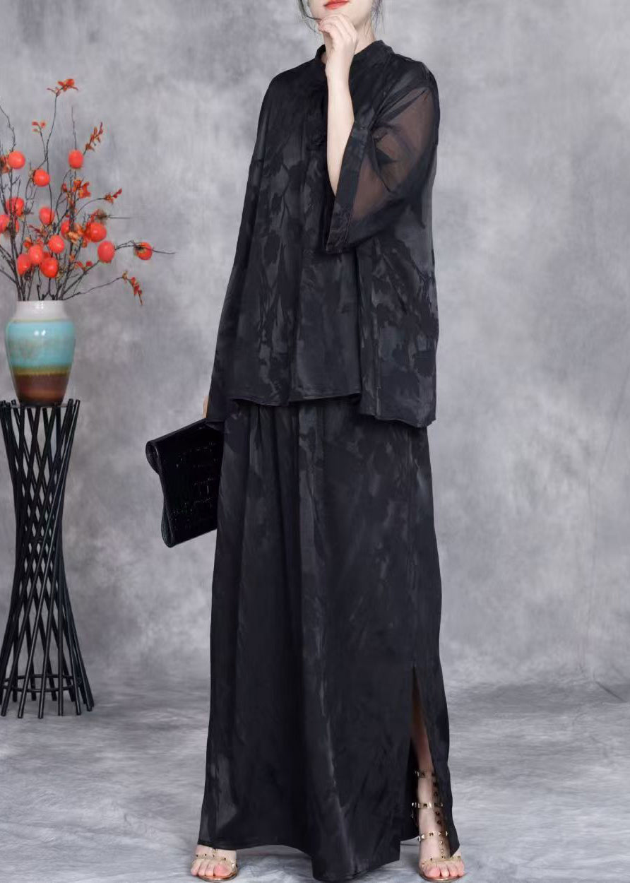 Black Jacquard Side Open Silk Two Piece Suit Set Stand Collar Half Sleeve