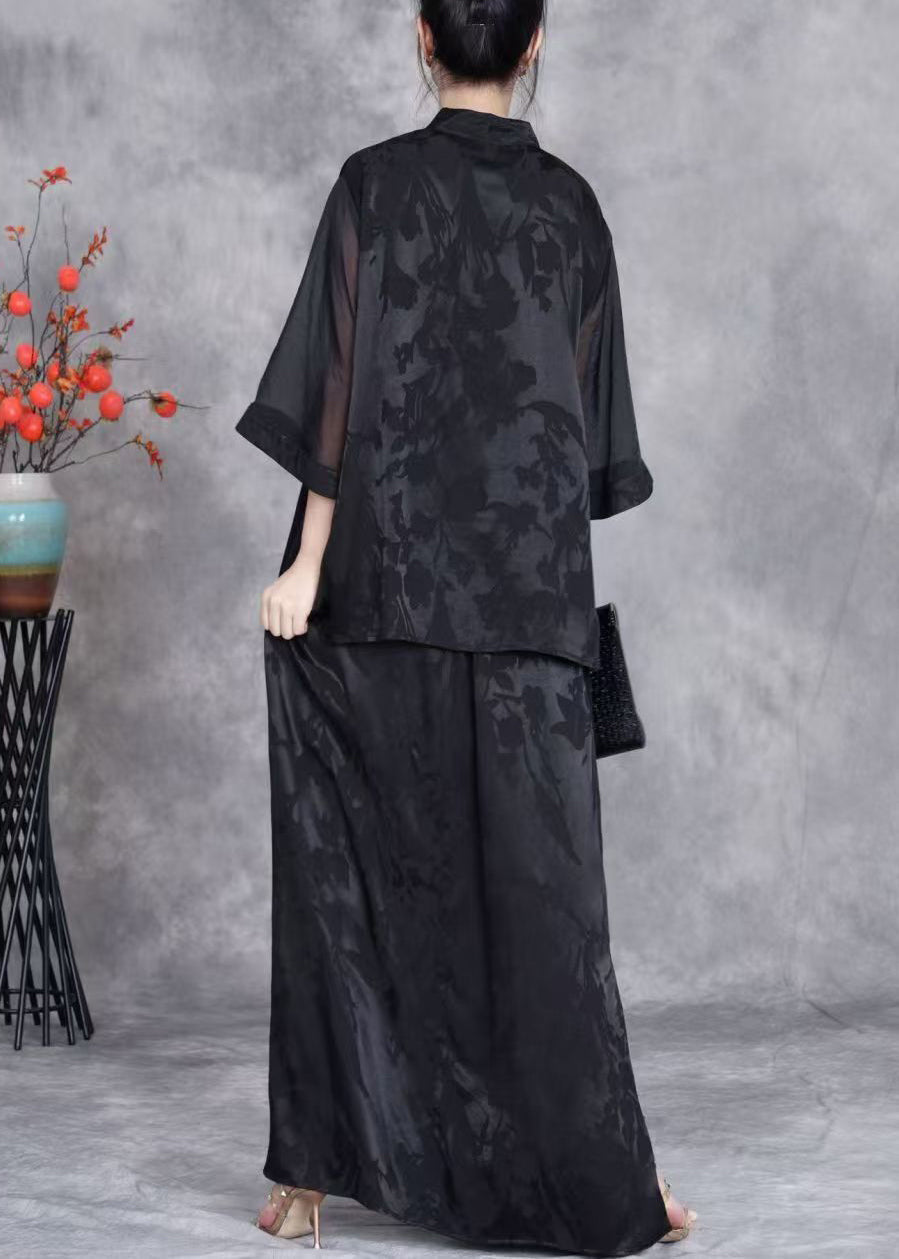 Black Jacquard Side Open Silk Two Piece Suit Set Stand Collar Half Sleeve