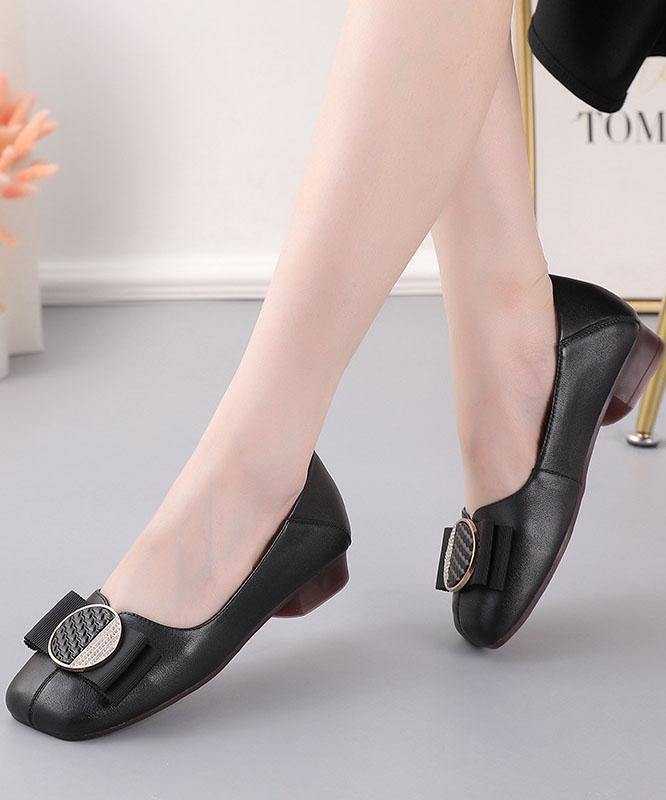 Black Loafer Shoes Genuine Leather Women Splicing Loafer Shoes - SooLinen